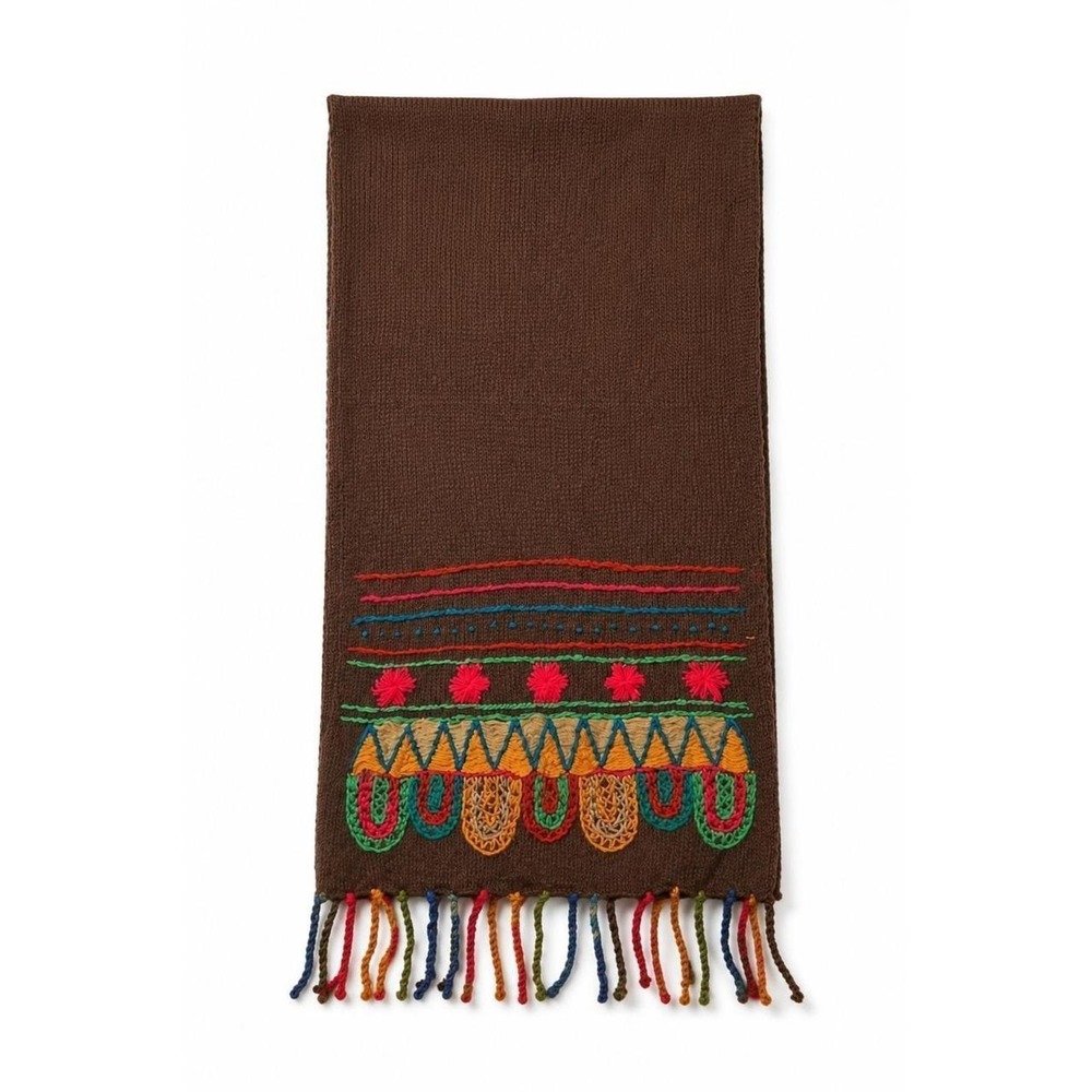 Boho Embroidered Knit Fringe Scarf Shawl Brown Multi Color Tribal Pattern 19x75"